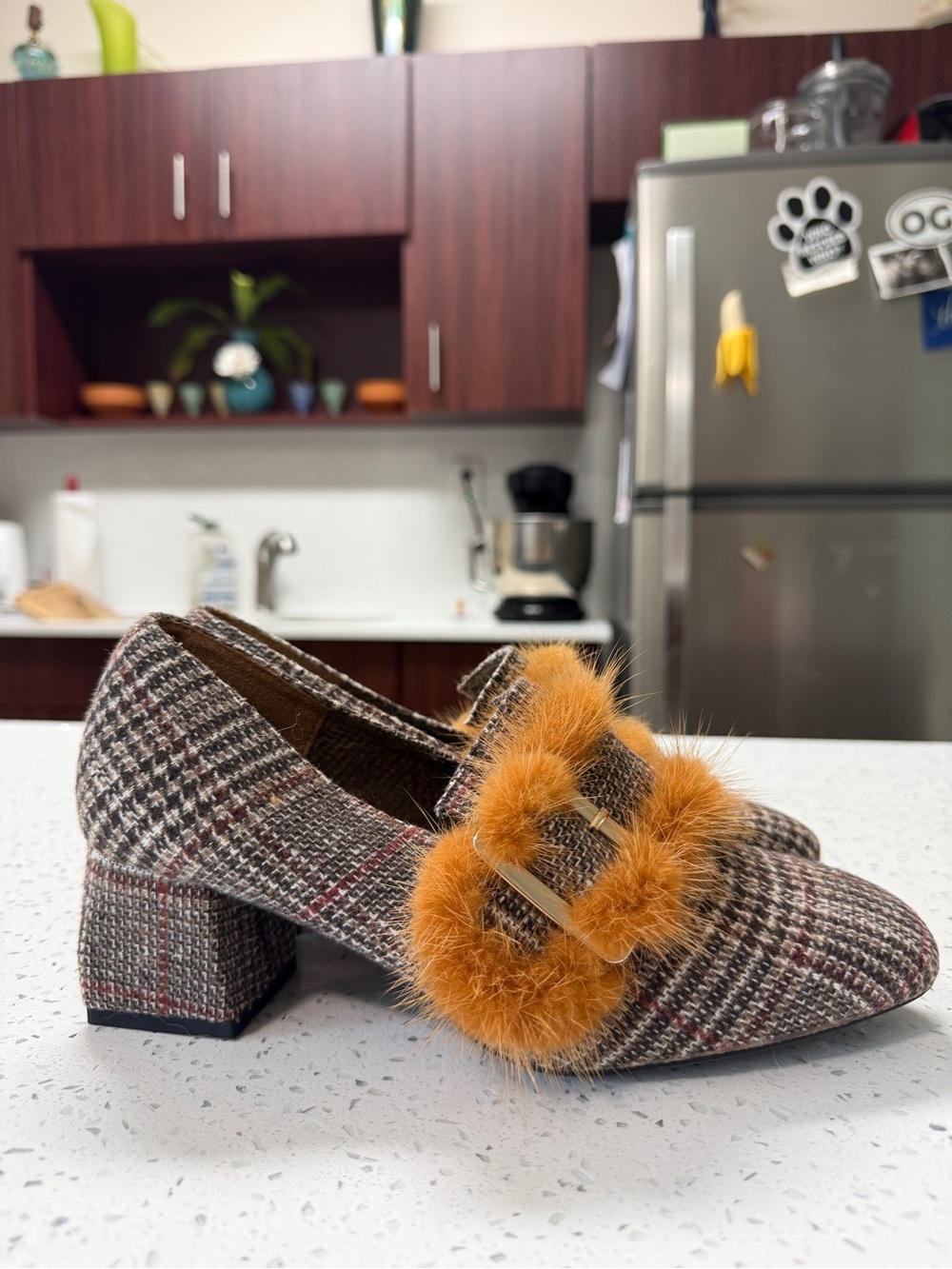 Retro Plaid Fur-Trimmed Block Heel Loafers – Size 6.5/7